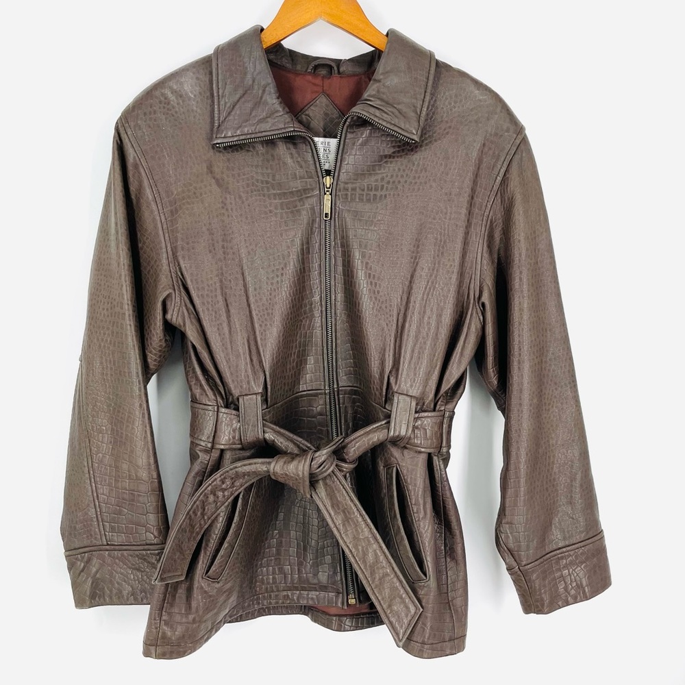 ✨Vtg 90s Chocolate Brown Croc Texture Butter Soft Lamb LeatherJacket M-L Street